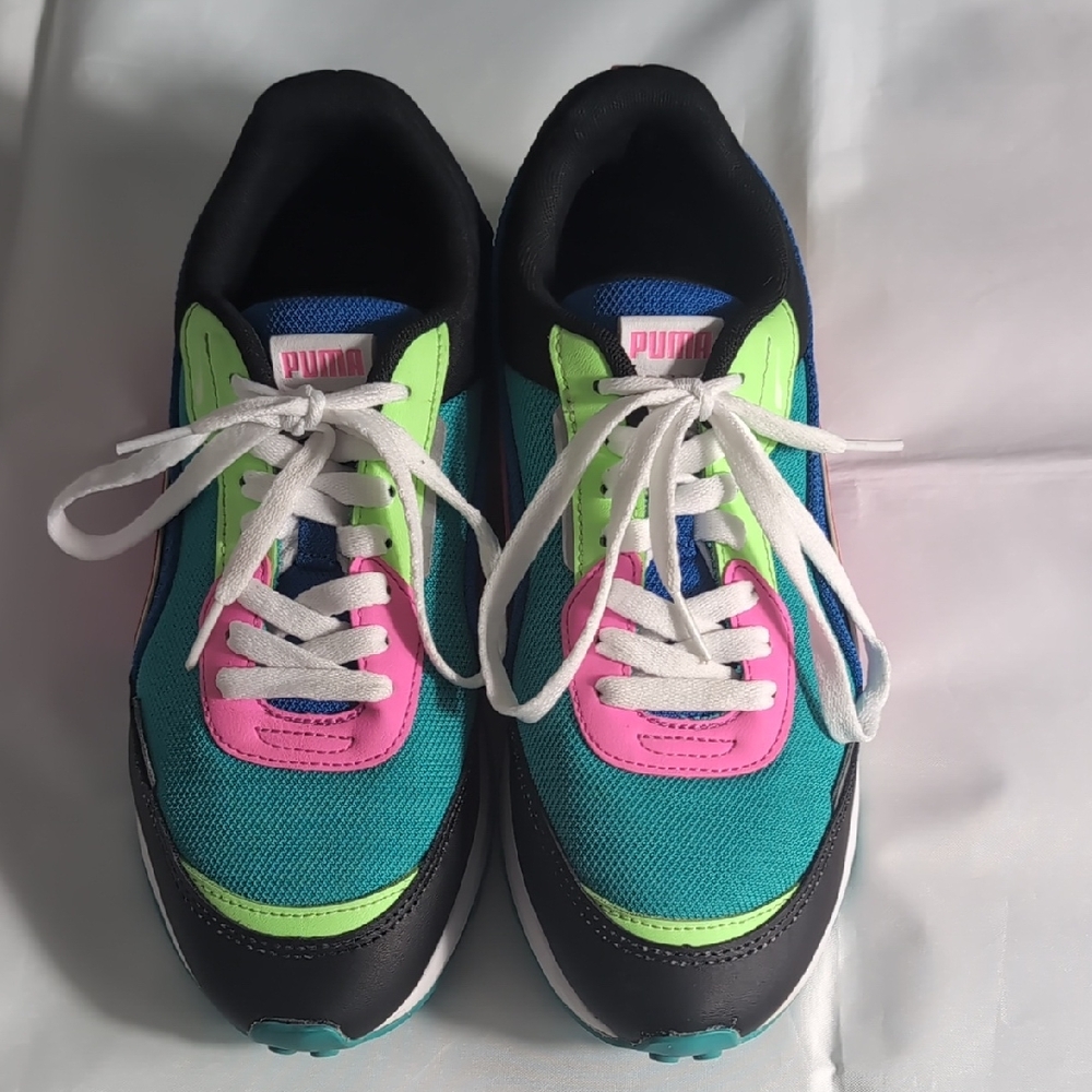 Puma Teal Blue Black Sneakers with Pink and Lime Accents